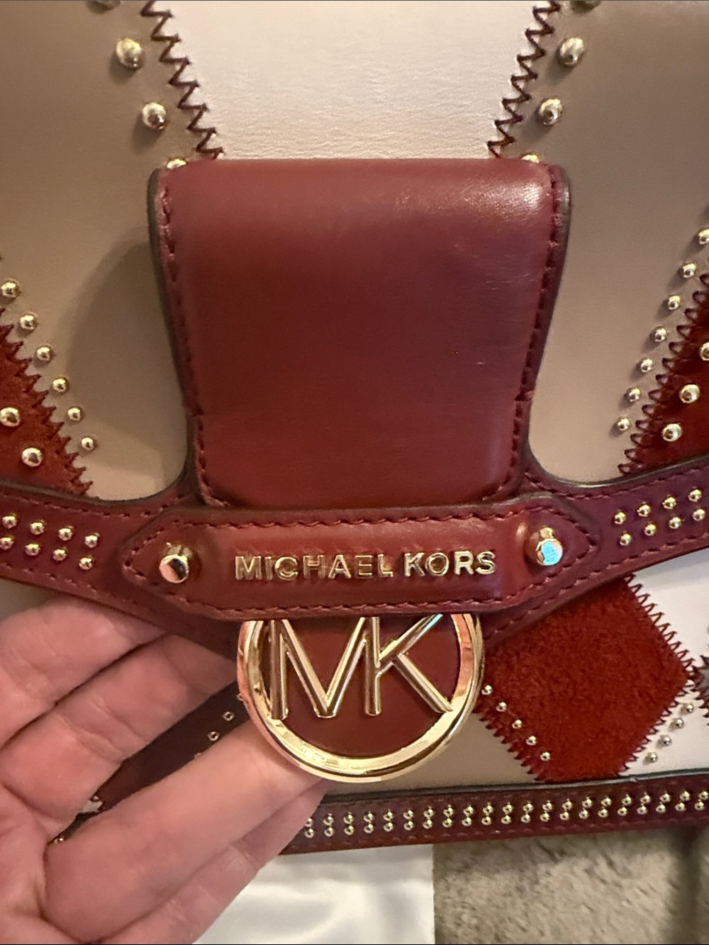 Michael Kors Burgundy, Beige and White Patchwork Crossbody Bag w/Dustbag - Picture 3 of 17
